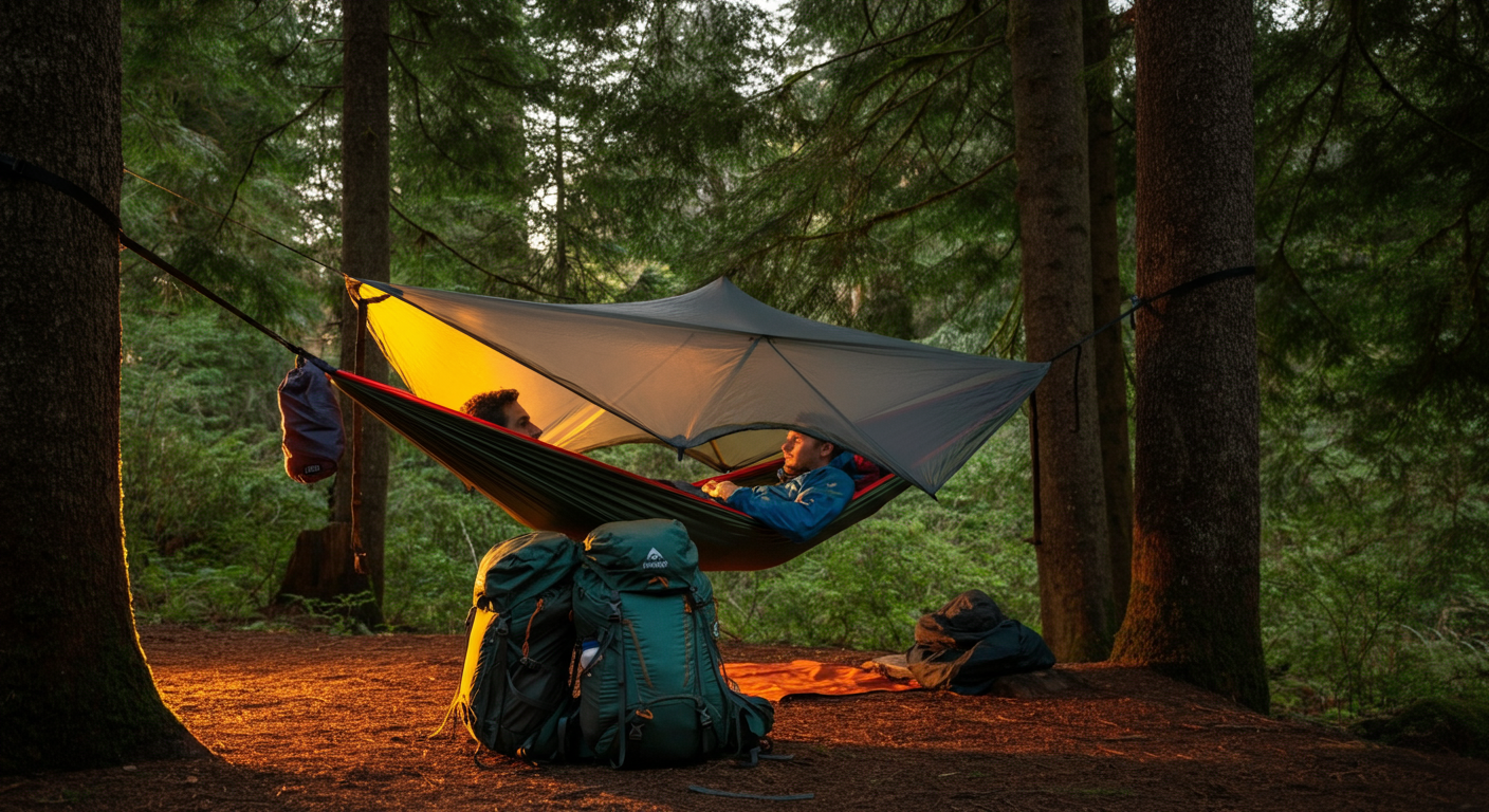 Couple relaxing in elevated Nubé hammock shelter between trees in scenic forest