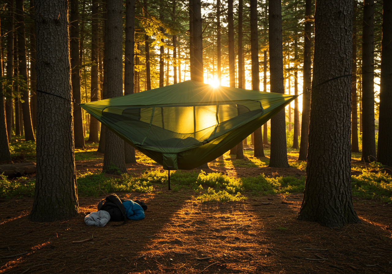 Nubé hammock shelter system in forest at golden hour