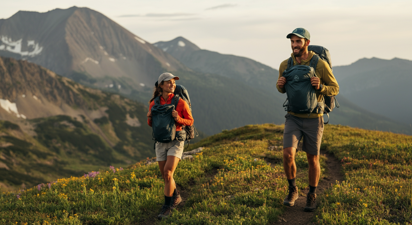 Couple backpacking on scenic trail with lightweight packs